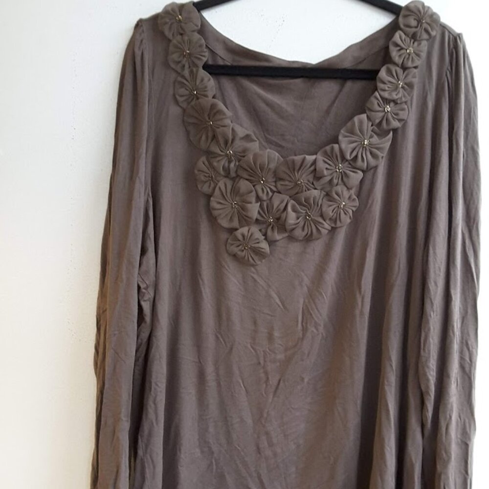 Soft Brown long sleeve blouse with flowers around neckline